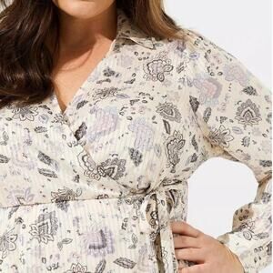 Torrid Stripe Satin Paisley Dew Top Womens 1X Collared Surplice Floral Blouse